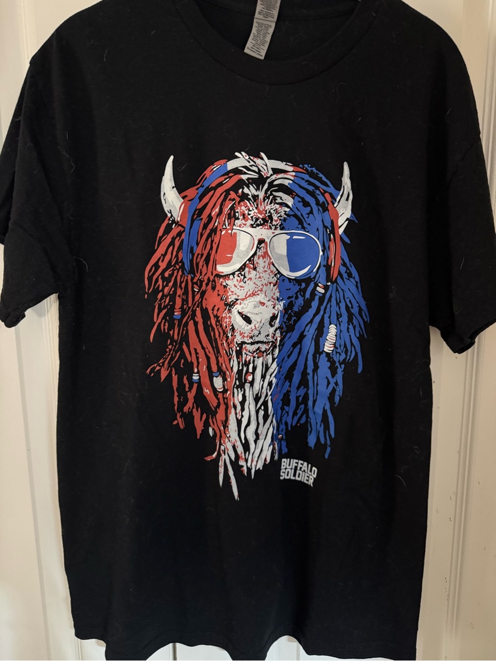 Buffalo Bills Buffalo Soldier Black Tee with Red, Blue & White Buffalo Graphic